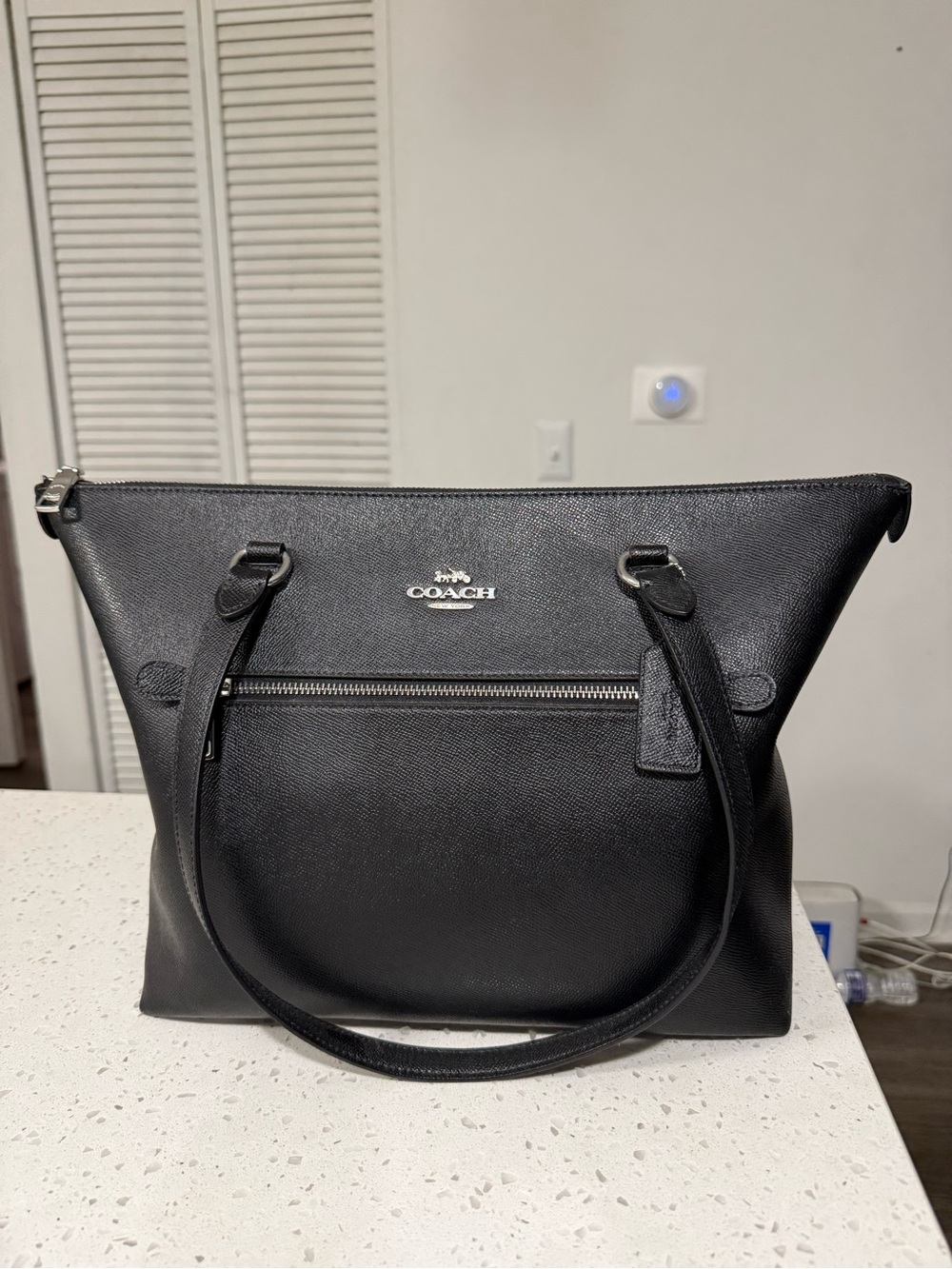 Coach Black Leather Shoulder Tote with Front Zip Pocket